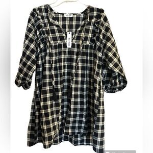 NWT Day+Moon Black White Gray Plaid Baby Doll Dress with Tassels Academia Small